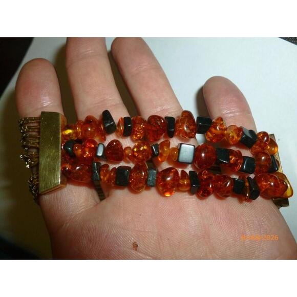 Vintage Liquid Silver Bracelet & Amber Gold Tone Rare Design - Picture 4 of 5